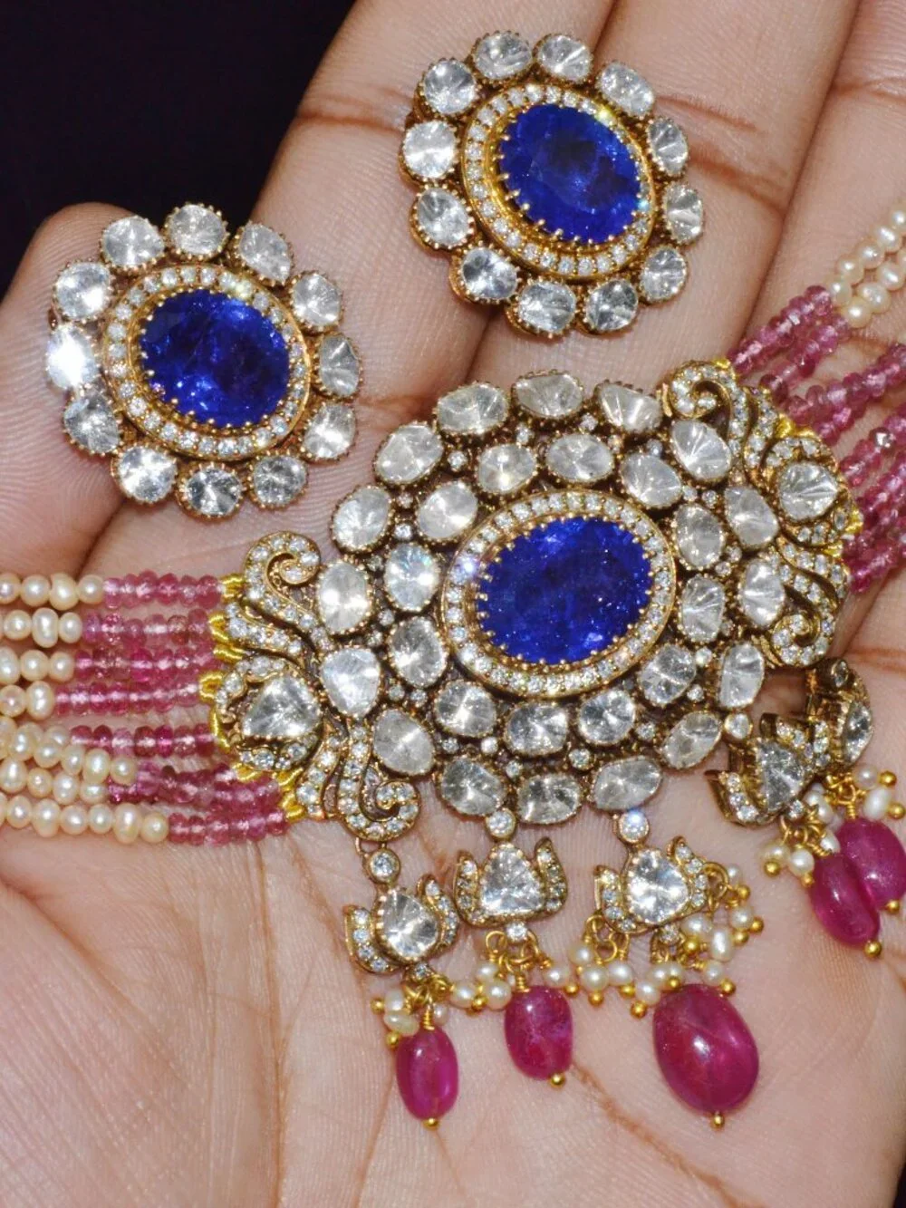 Natural Tanzanite Uncut Diamond Pearl Ruby Tourmaline 18K Gold Necklace Set